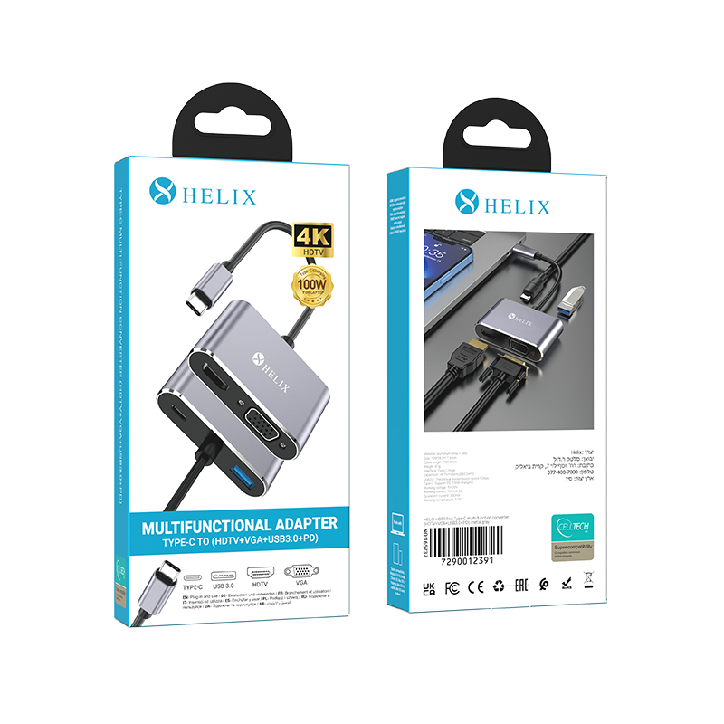 מתאם טייפ סי אליקס HB30 לטלוויזיה פלוס (HDTV+VGA+USB3.0+PD)