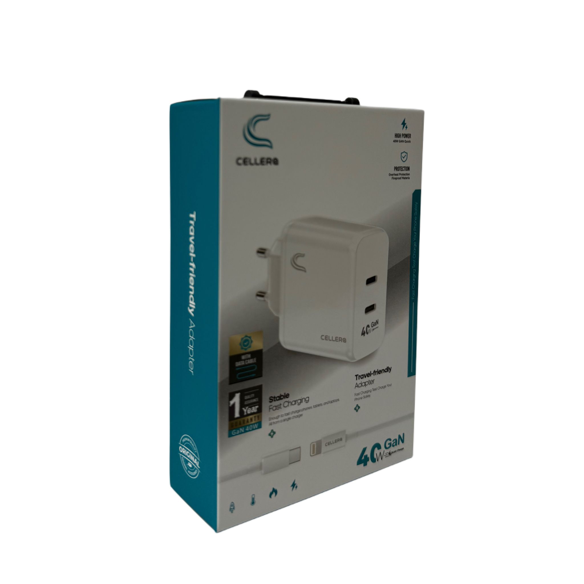 מטען קיר CELLERA GAN 40W PD+PD כולל כבל אייפון
