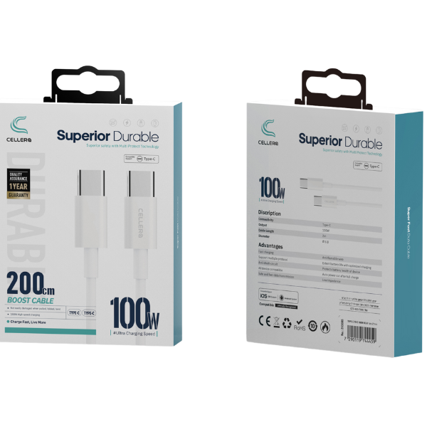 כבל 2 מטר TYPE C TO C 100W Ø3.8 דגם C205
