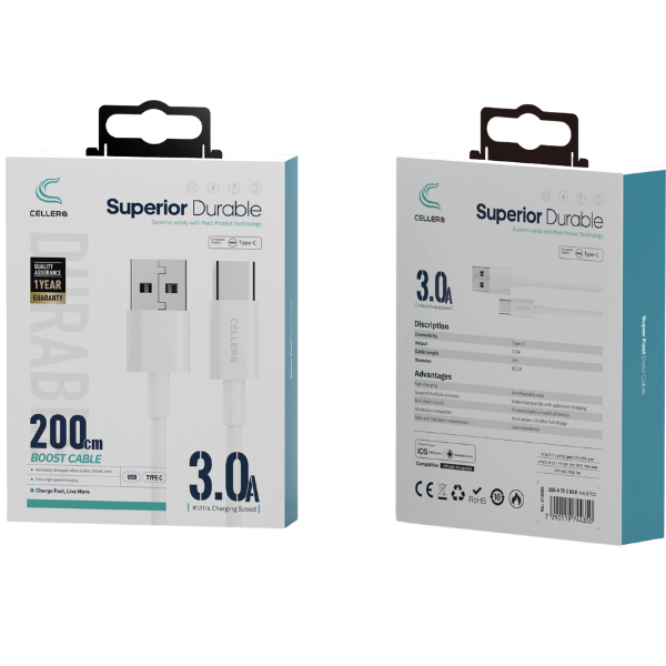 כבל 2 מטר USB-A TO C Ø3.8 דגם C207
