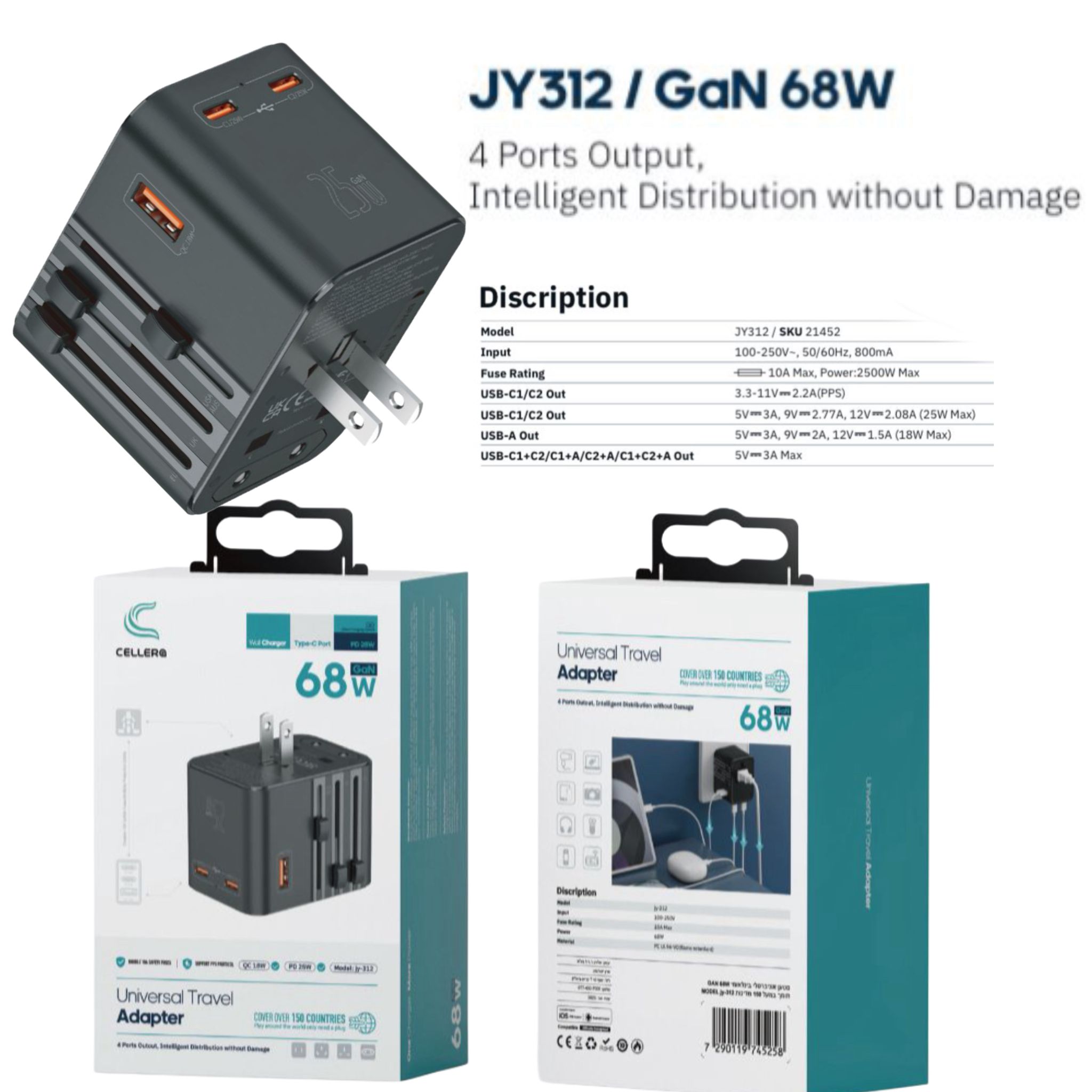 מטען אוניברסלי בינלאומי GAN 68W תומך במעל 150 מדינות 