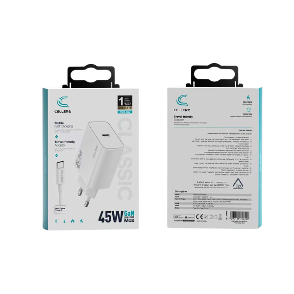 מטען קיר CELLERA GAN 45W PD C303 כולל כבל טייפ סי