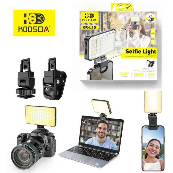 תאורת לצילום כוללת סוללה נטענת 2000mah מתאם לחצובה וקליפס לאחיזה בטלפון KOOSDA-L10