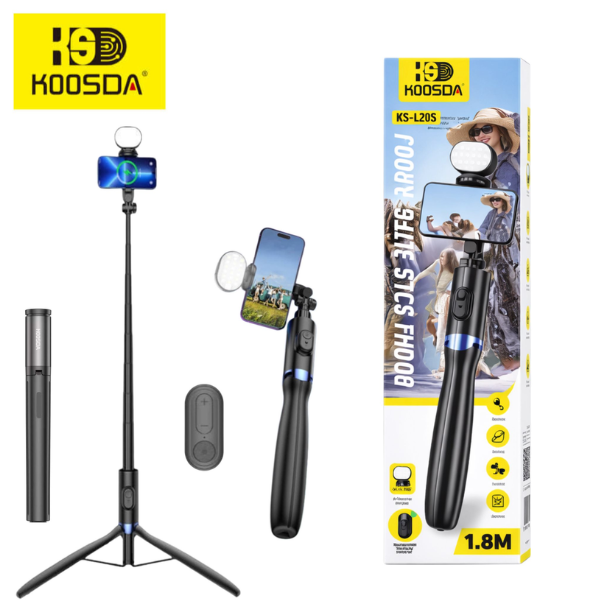 חצובה 1.80M משולבת מוט סלפי אלומניום ושלט KOOSDA-L20S כולל תאורה נטענת